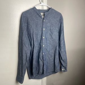 GoodThreads M Navy Chambray Denim Long Sleeve Button Down Grandad Collar Shirt